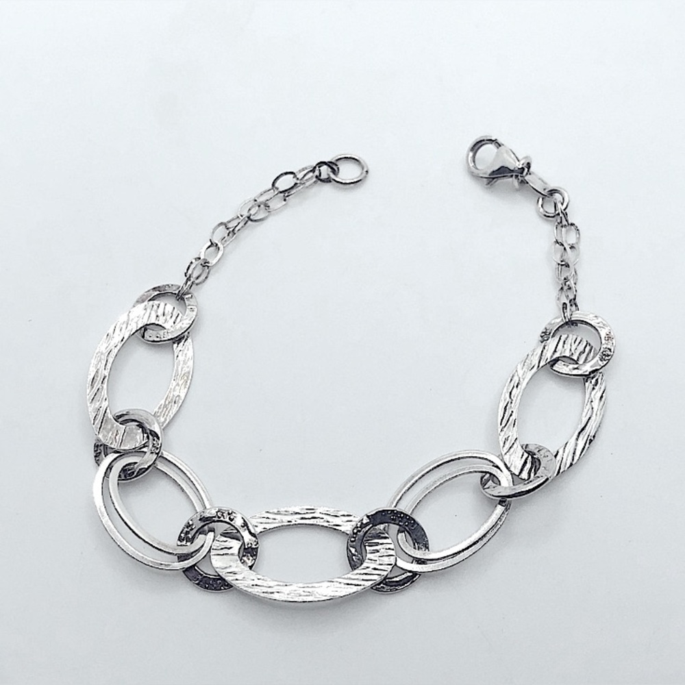 Vtg Sterling Brushed Woodgrain Design Circle Link Bracelet 925 Italy | 7.2” L
